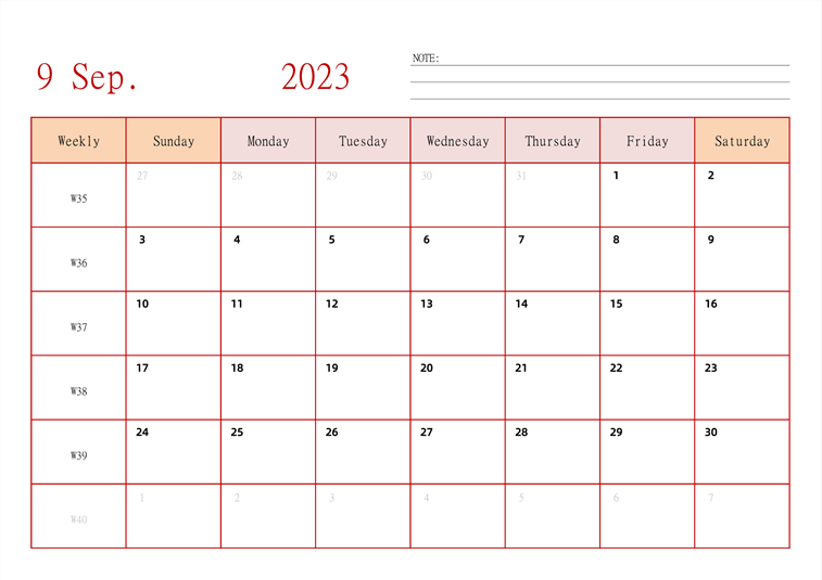 2023年日历台历 英文版 横向排版 带周数 周日开始